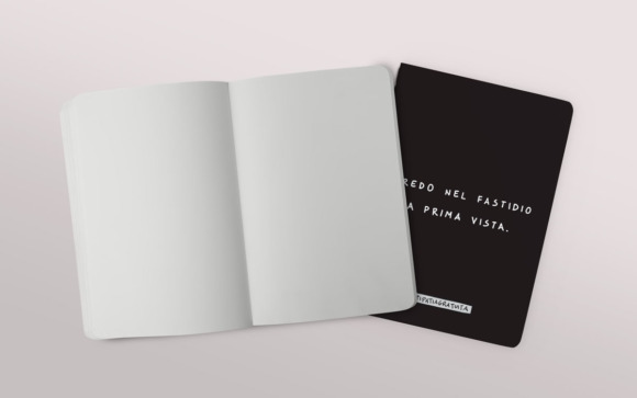 Immagine del quaderno di Antipatia Gratuita con in copertina il meme "Credo nel fastidio a prima vista". In primo piano il quaderno aperto, in secondo piano il quaderno chiuso con visibile la copertina frontale.