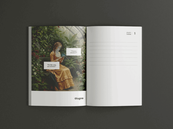 Agenda aperta sulla pagina di apertura di giugno. A sinistra un dipinto di una ragazza in abito giallo d&rsquo;epoca, seduta in una serra, che guarda uno smartphone, con i fumetti &ldquo;Ti posso chiamare?&rdquo; e &ldquo;Perch&eacute;, non sai scrivere?&rdquo;. A destra la pagina a righe di marted&igrave; 1 giugno.